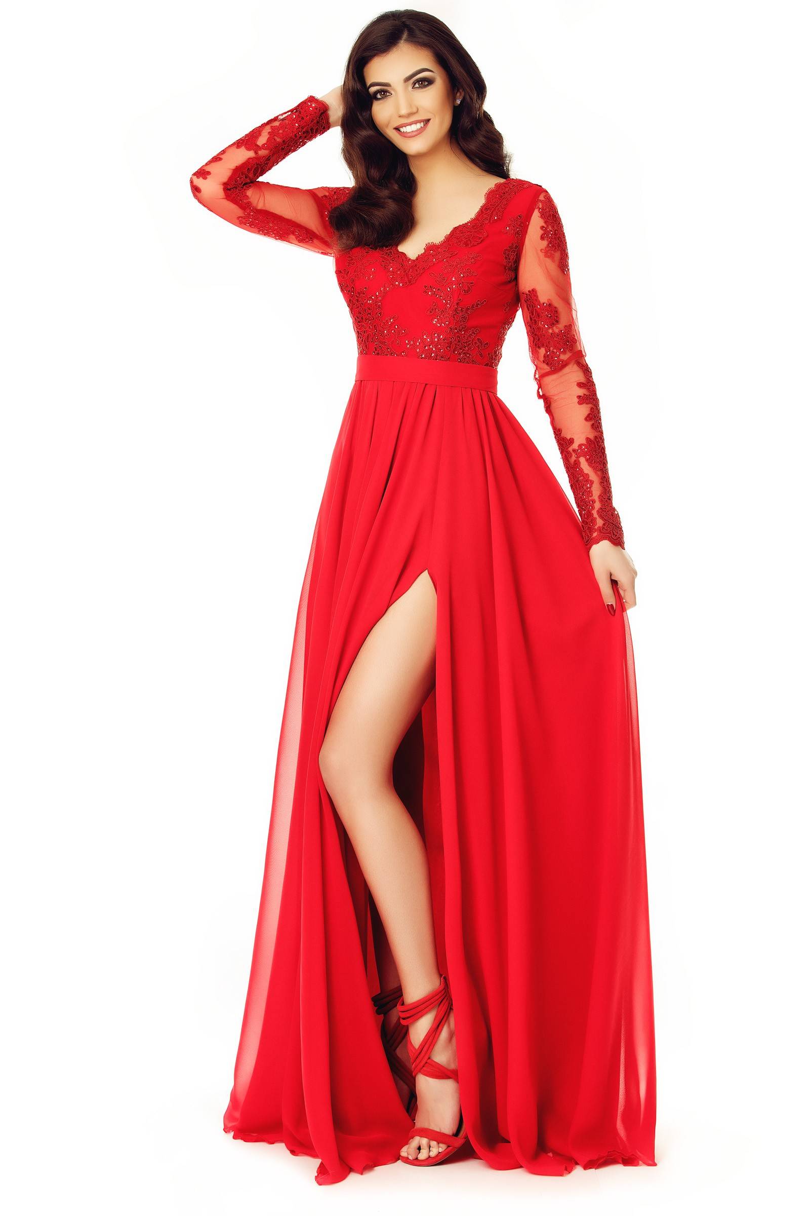 Rochie lungă din voal şi dantelă roşie cu paiete Darma