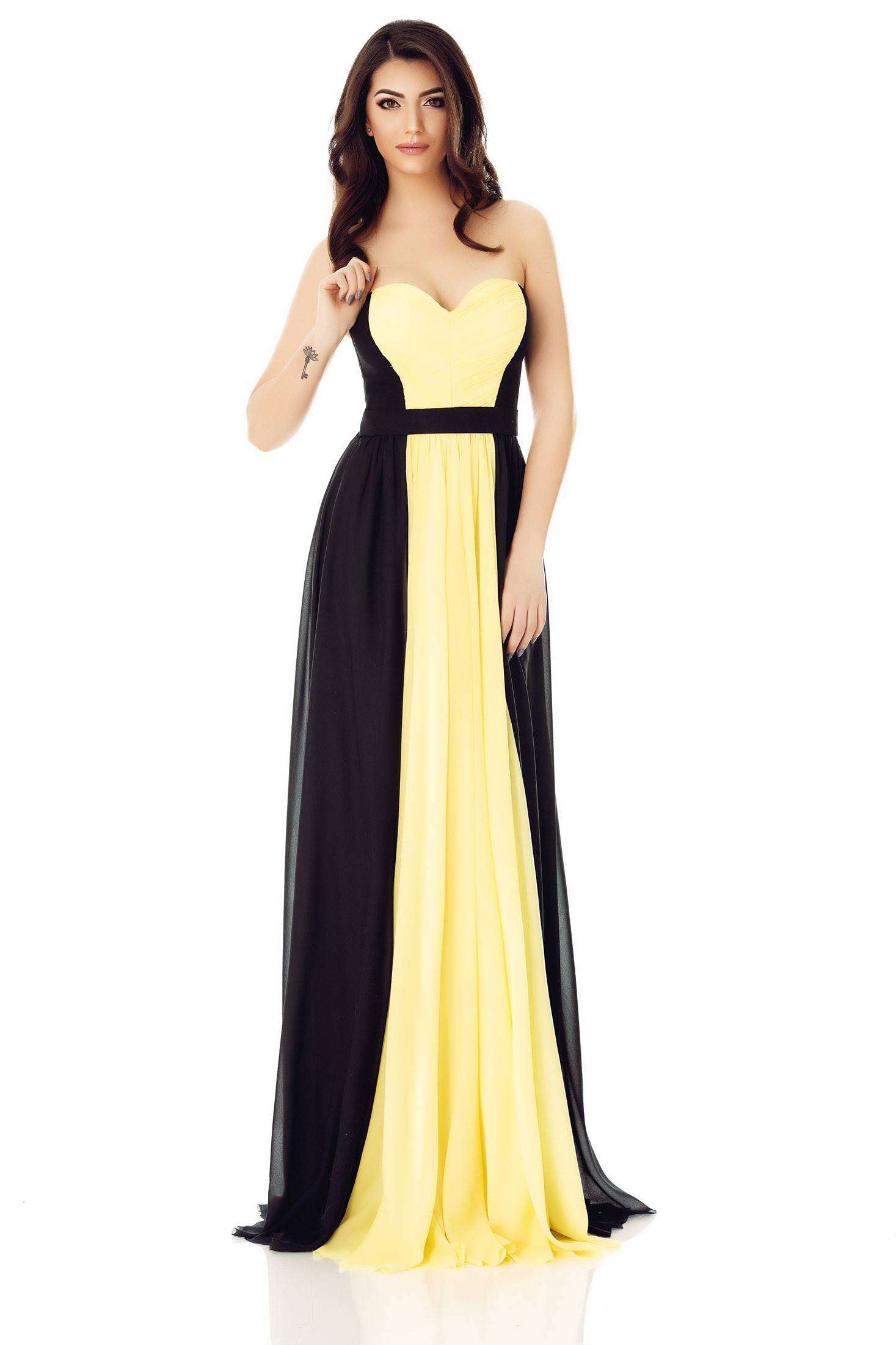 Rochie lungă din voal galben şi negru Anabel cu bust tip corset