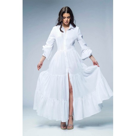 Rochie lungă din pânză topită cu mâneci şi volane